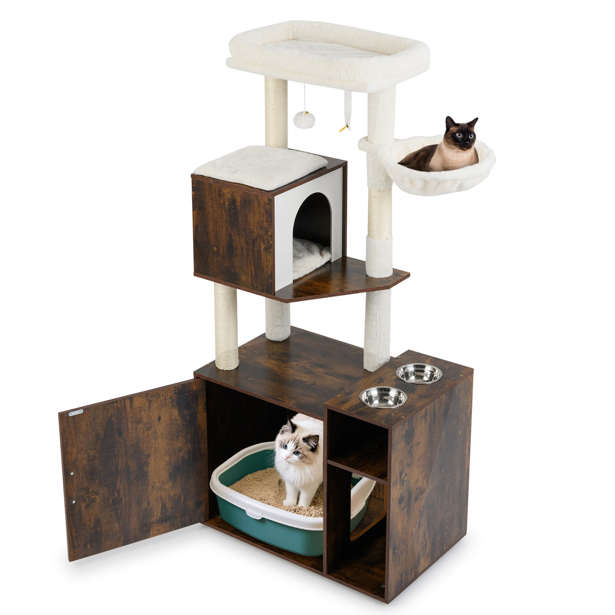 Cat Litter Box Enclosure with Sisal Scratching Post and Mat-Brown