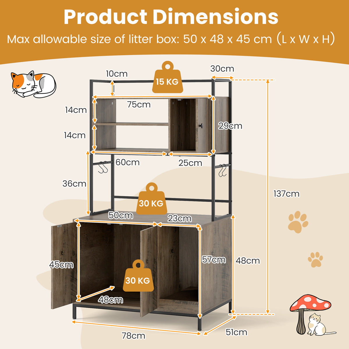 Cat Litter Box Enclosure with Storage Shelves Large Hidden Cat Washroom Furniture with Metal Frame-Grey