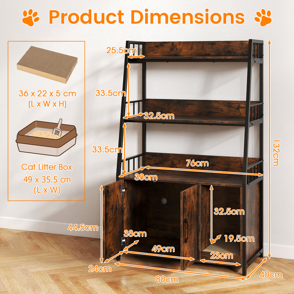 Cat Litter Box Enclosure with Storage Shelves and Scratching Pad-Rustic Brown