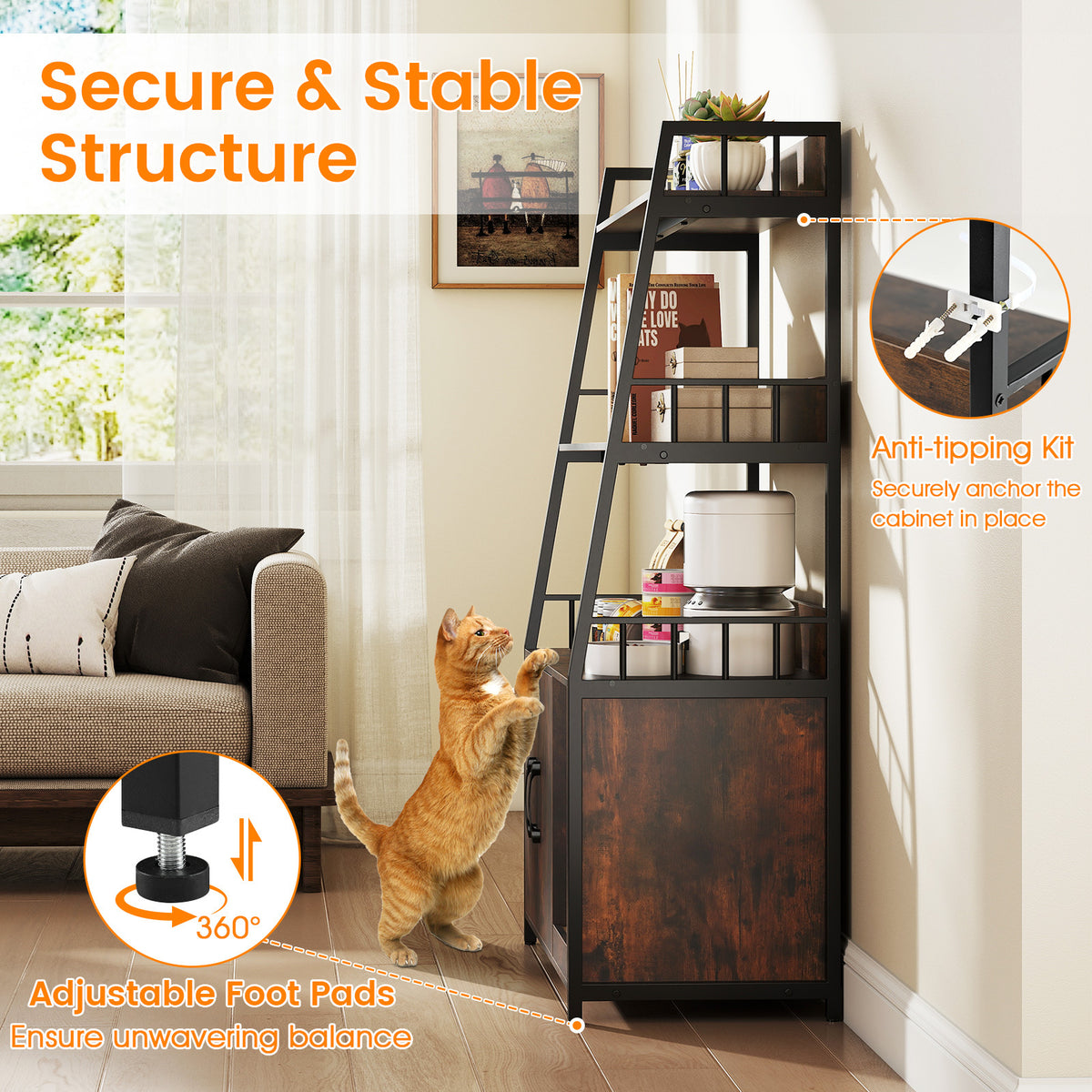 Cat Litter Box Enclosure with Storage Shelves and Scratching Pad-Rustic Brown