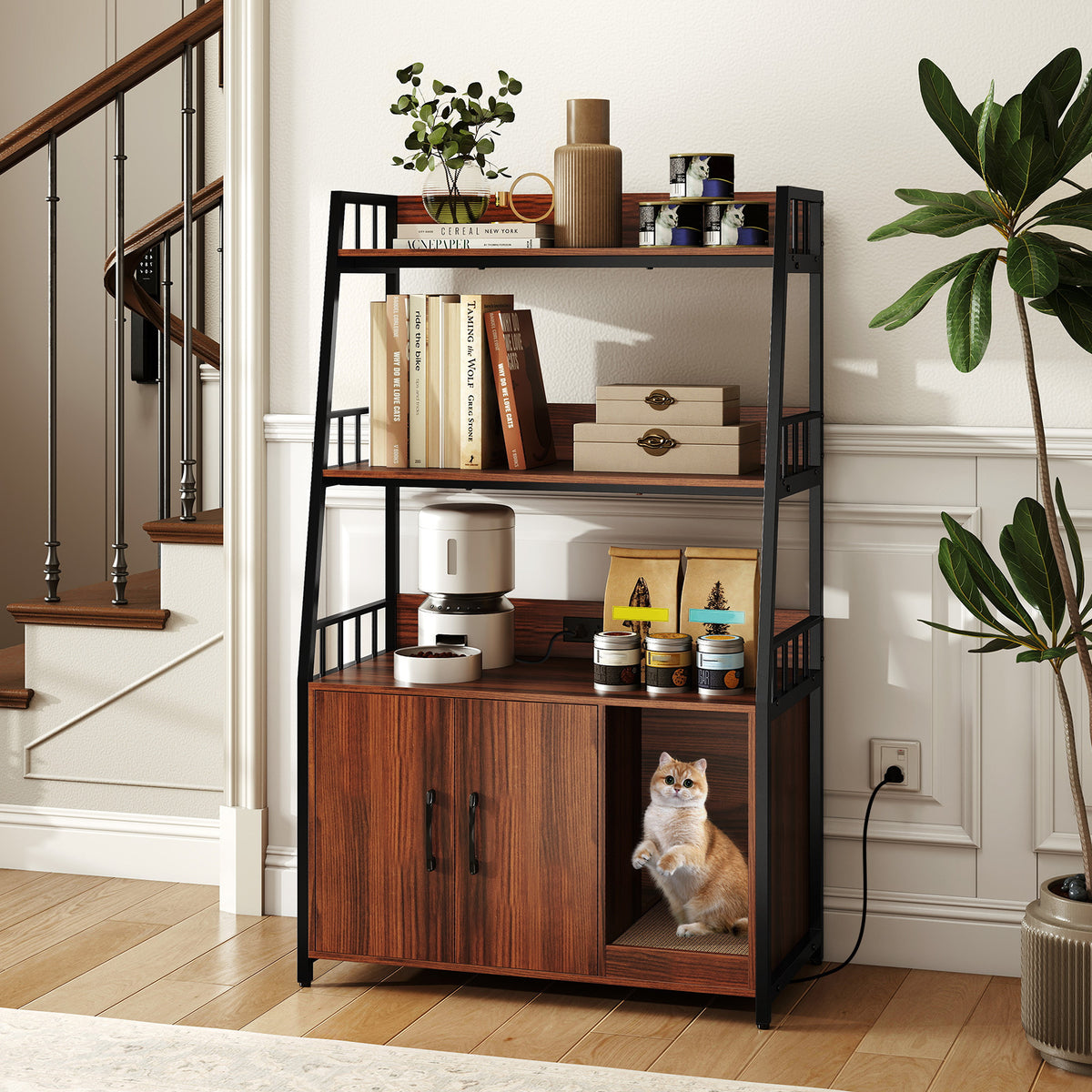 Cat Litter Box Enclosure with Storage Shelves and Scratching Pad-Walnut