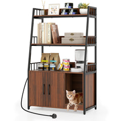 Cat Litter Box Enclosure with Storage Shelves and Scratching Pad-Walnut