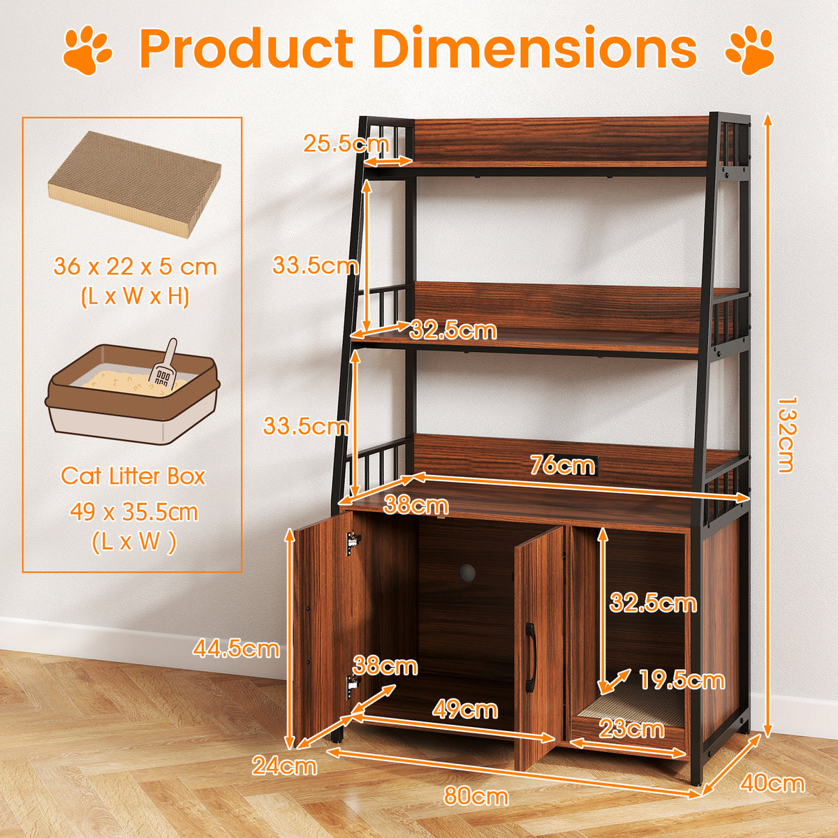 Cat Litter Box Enclosure with Storage Shelves and Scratching Pad-Walnut