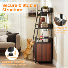 Cat Litter Box Enclosure with Storage Shelves and Scratching Pad-Walnut