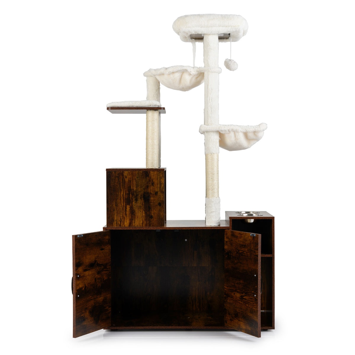 Cat Tree with Litter Box Enclosure Condo All-in-One Wooden Hidden Cat Furniture-Rustic Brown