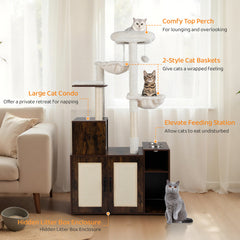 Cat Tree with Litter Box Enclosure Condo All-in-One Wooden Hidden Cat Furniture-Rustic Brown
