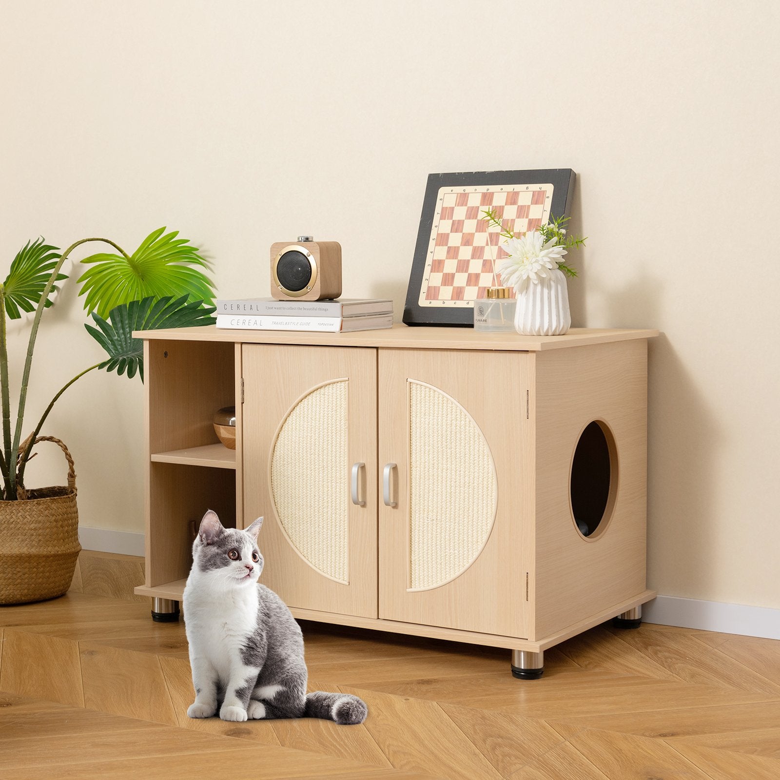 Cat Litter Box Enclosure with Sisal Scratching Doors and Adjustable Metal Feet-Natural