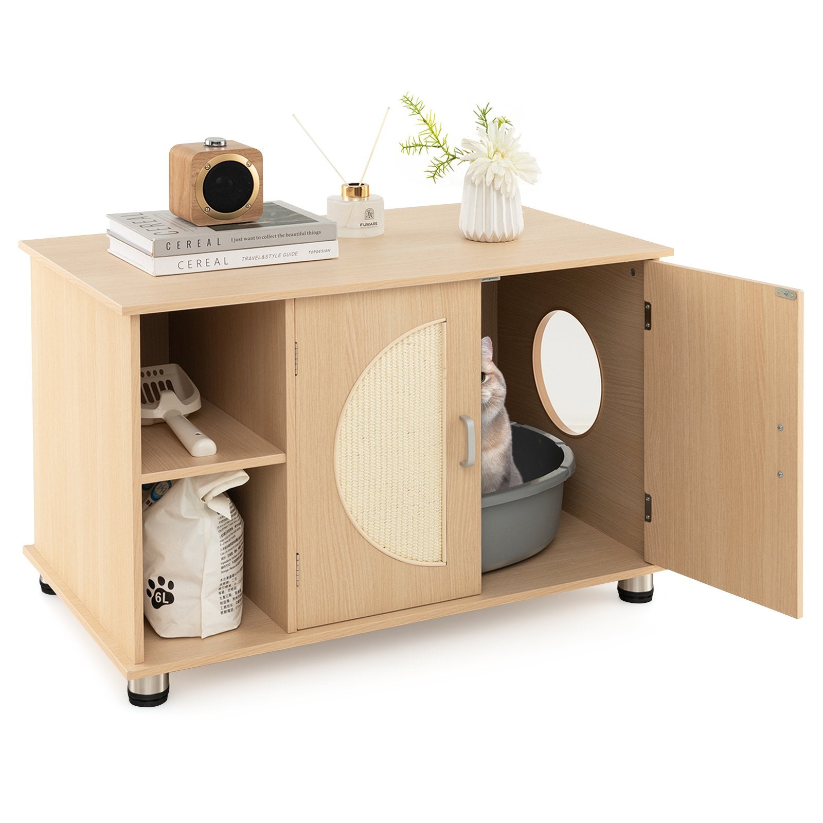 Cat Litter Box Enclosure with Sisal Scratching Doors and Adjustable Metal Feet-Natural