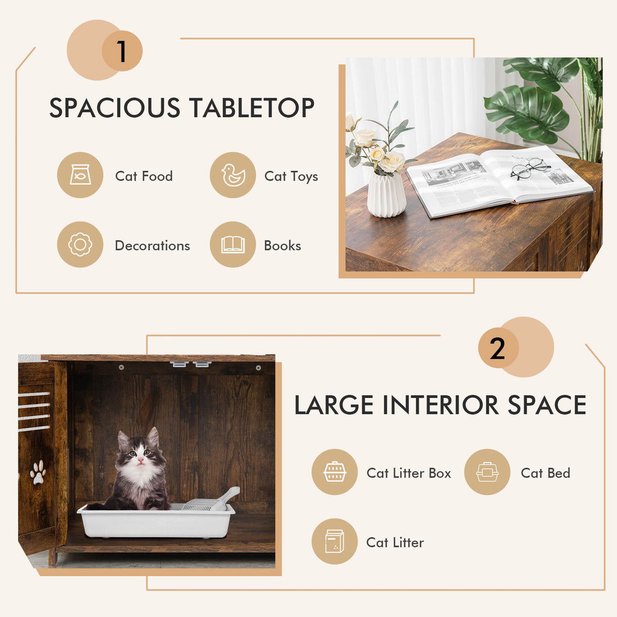 Cat Litter Box Enclosure with Double Louvered Doors, Side Entrance-Rustic Brown