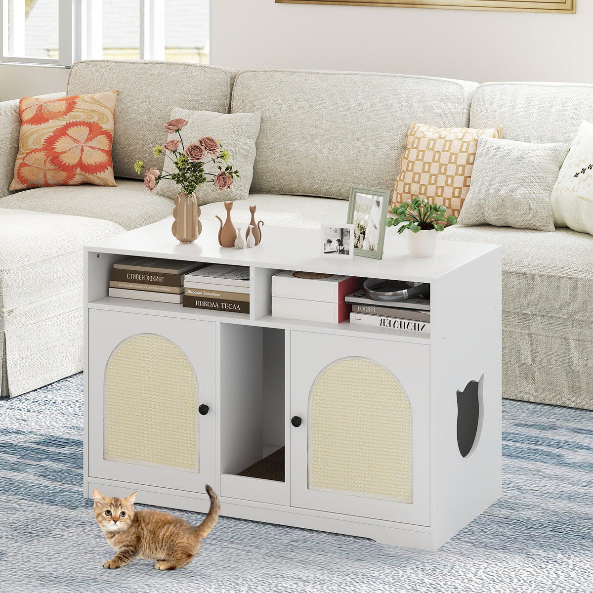 Cat Litter Box Enclosure for 2 Cats with Storage Double Rooms Scratching Board-White