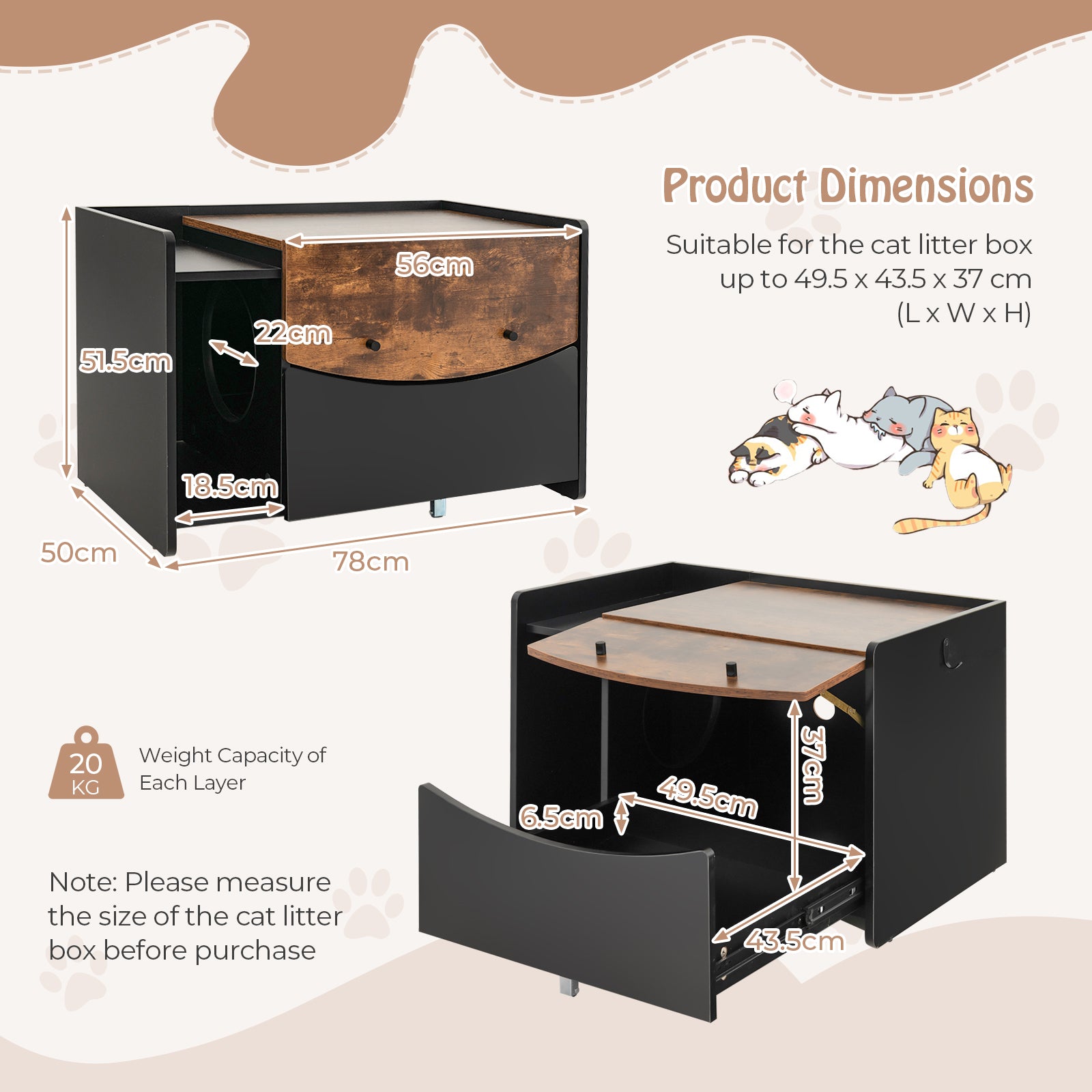 Cat Litter Box Enclosure with Pull-out Drawer, Rolling Caster and Flip Door-Black &amp; Brown