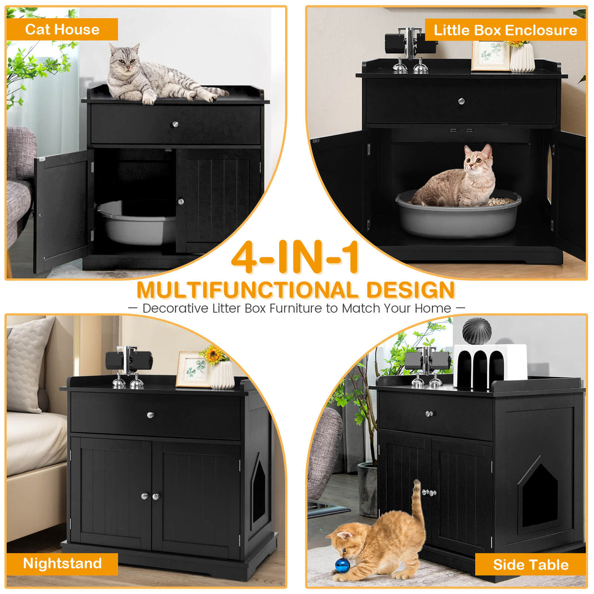 Large Wooden Cat Litter Box Hidden Washroom Toilet with Drawer-Black