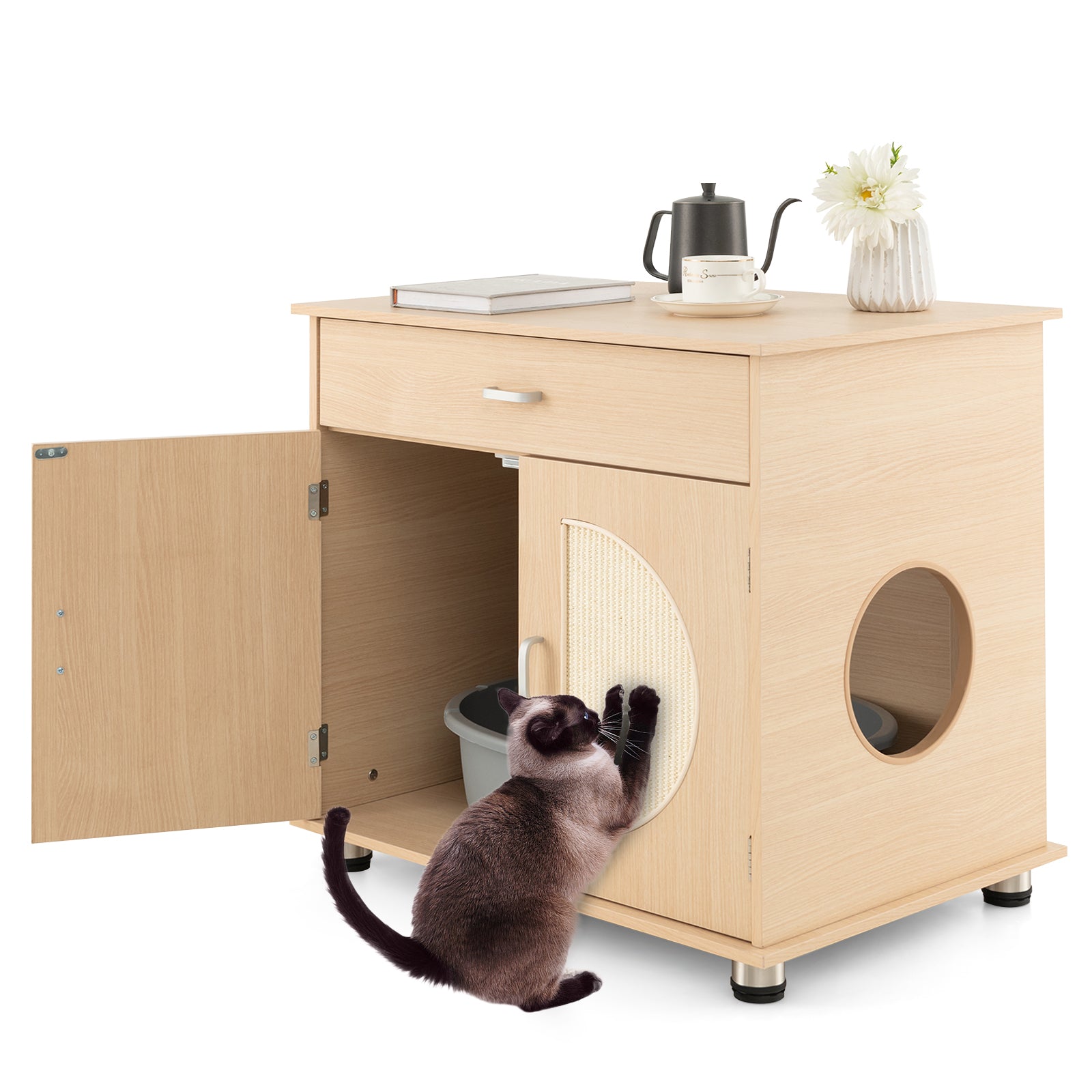 Cat Litter Box Enclosure with Sisal Scratching Doors and Drawer-Natural