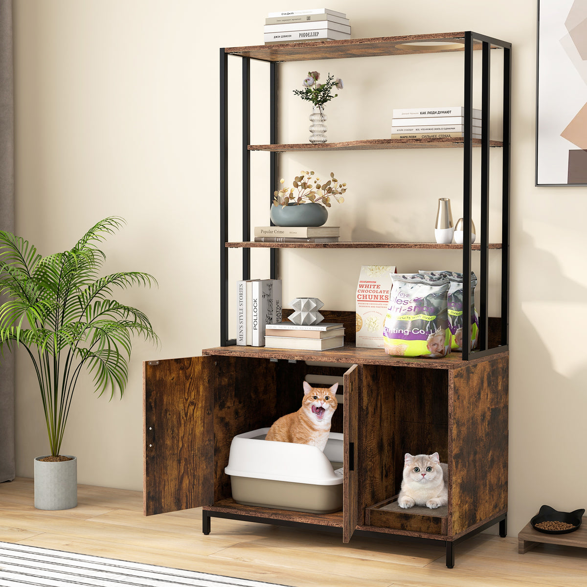 Cat Litter Box Enclosure with Storage and Shelves-Coffee