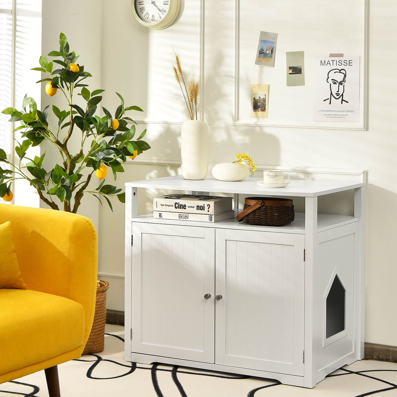 Cat Litter Box Enclosure with Adjustable and Removable Divider-White