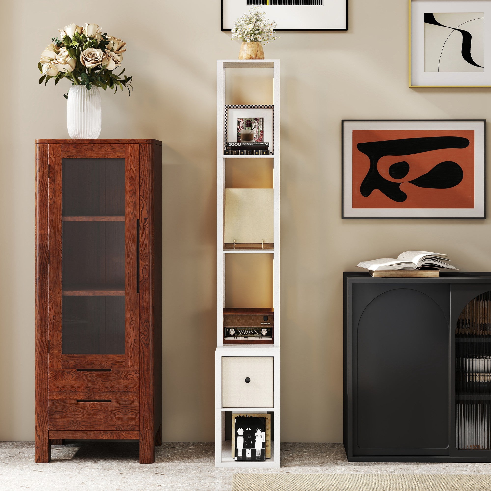 HOMCOM Floor Lamp with Shelves, LED Column Modern Standing Lamp with Fabric Drawer, Adjustable Brightness, Foot Switch for Living Room, Bedroom, Office, White