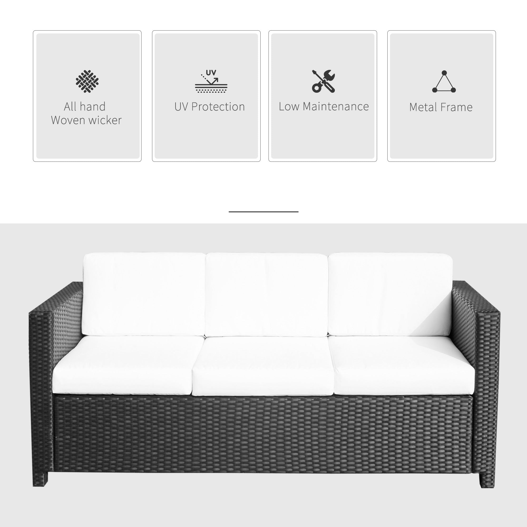 Outsunny 3 Seater Rattan Sofa All-Weather Wicker Weave Metal Frame Chair with Fire Resistant Cushion, Black