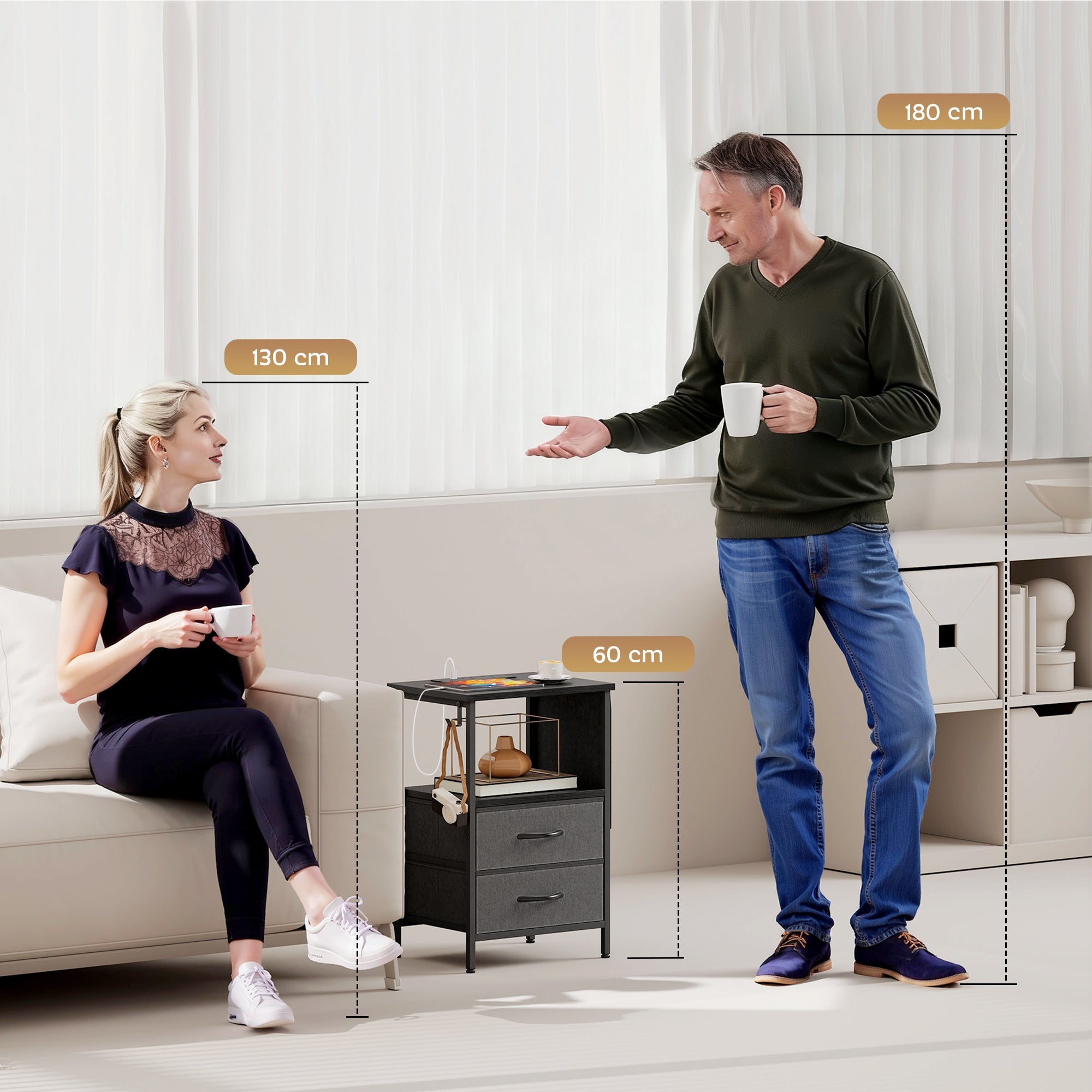 HOMCOM Bedside Table with Charging Station - Black