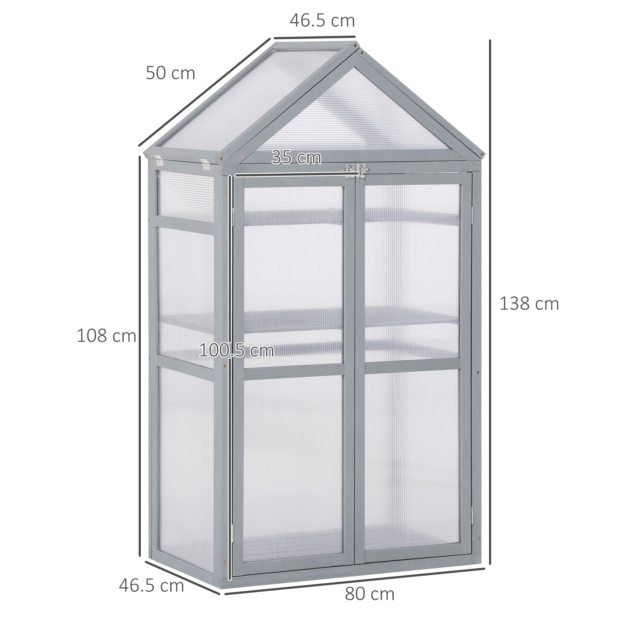 Outsunny Garden Cold Frame Polycarbonate Greenhouse with Adjustable Shelves, Double Doors, Openable Top Covers, Grow House for Flower Vegetable Plants, 80 x 47 x 138cm, Grey