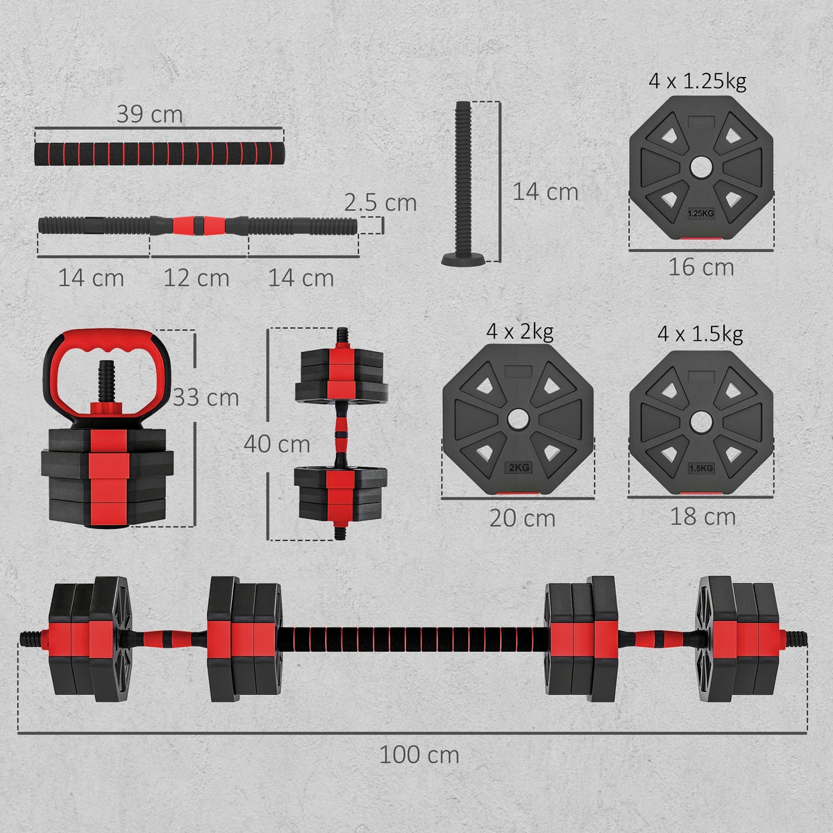 SPORTNOW 6-in-1 Adjustable Weight Dumbbells Set, Used as Kettlebell, Barbell, Dumbbell, Push-Up Stand, 20kg Free Weights Set for Men and Women Home Gym Training, Red