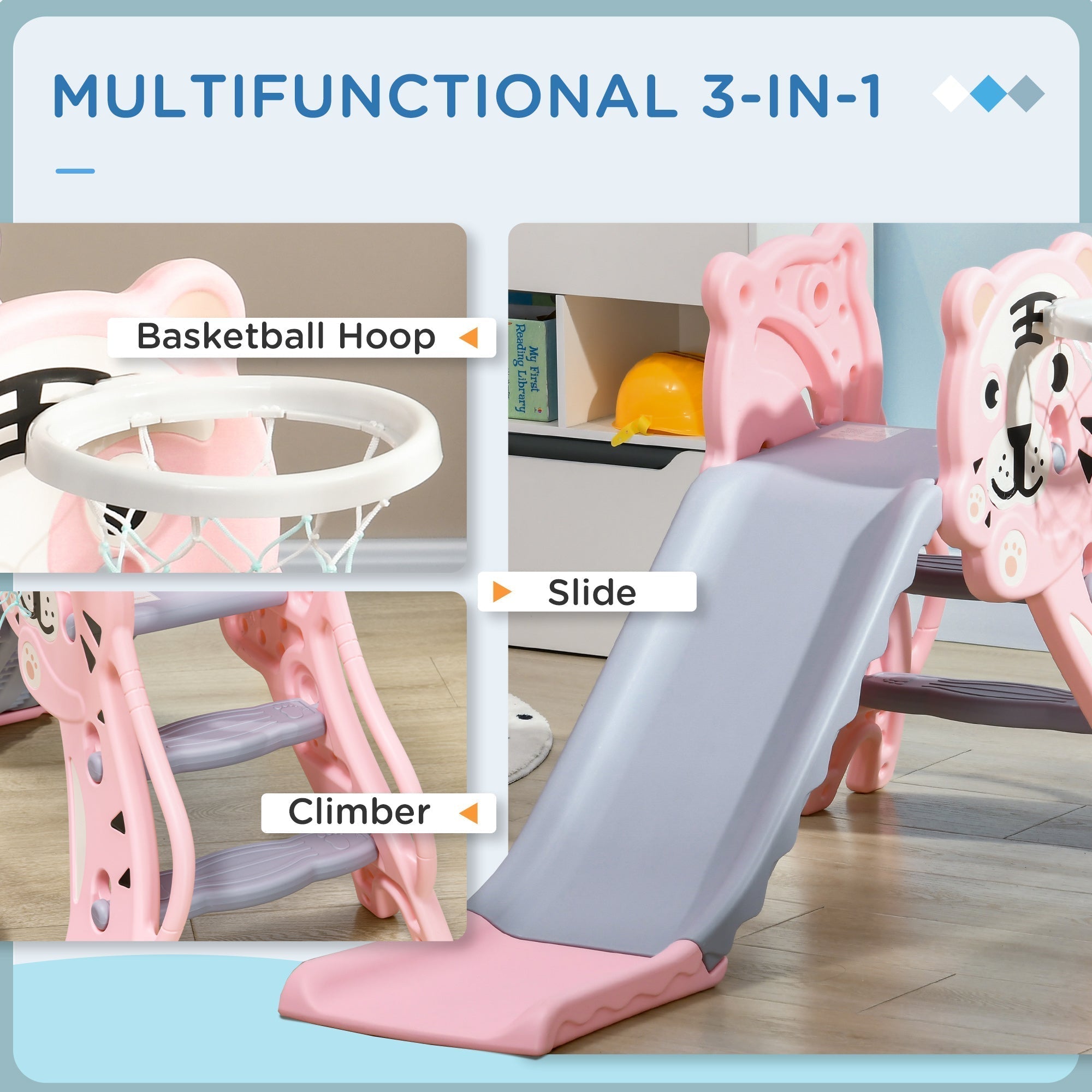AIYAPLAY 3 in 1 Baby Slide for Indoor Use with Climber, Basketball Hoop, Basketball, for Ages 18-36 Months - Pink