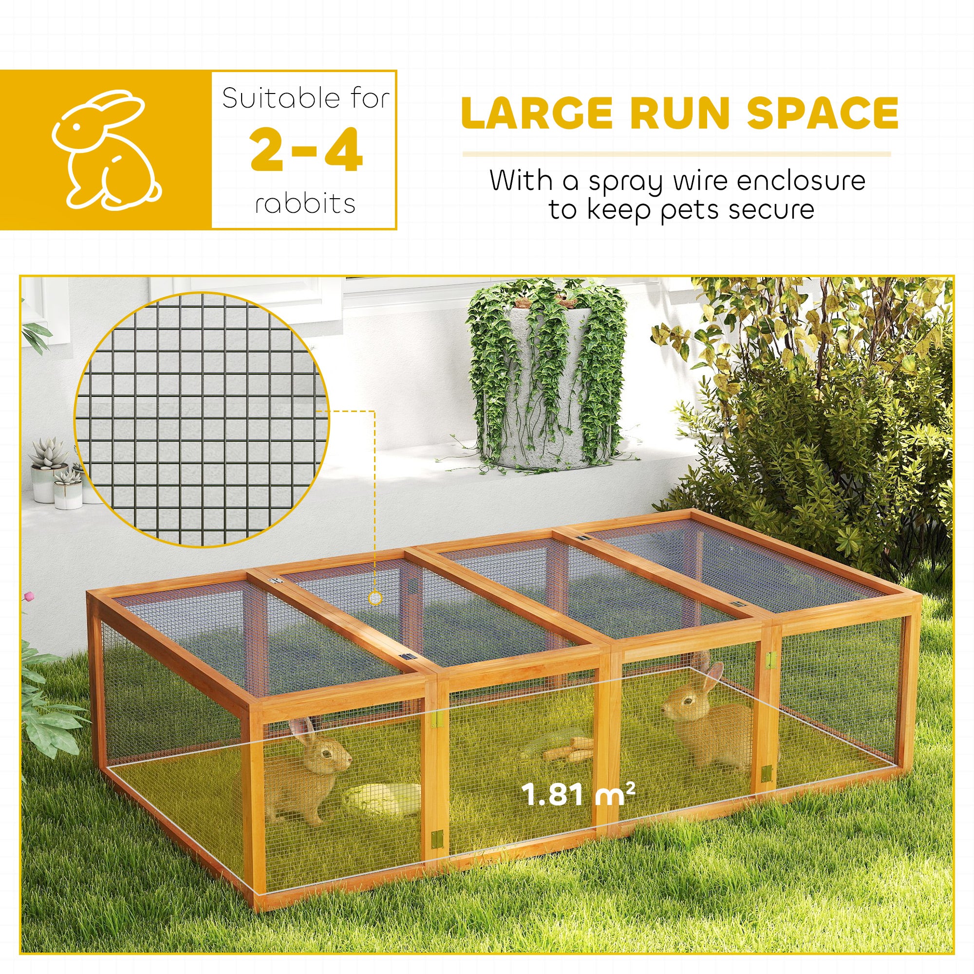 PawHut Wooden Rabbit Hutch Cage 6ft with Wire Mesh, Openable Roof, Play Space for Outdoor, Natural Wood Finish