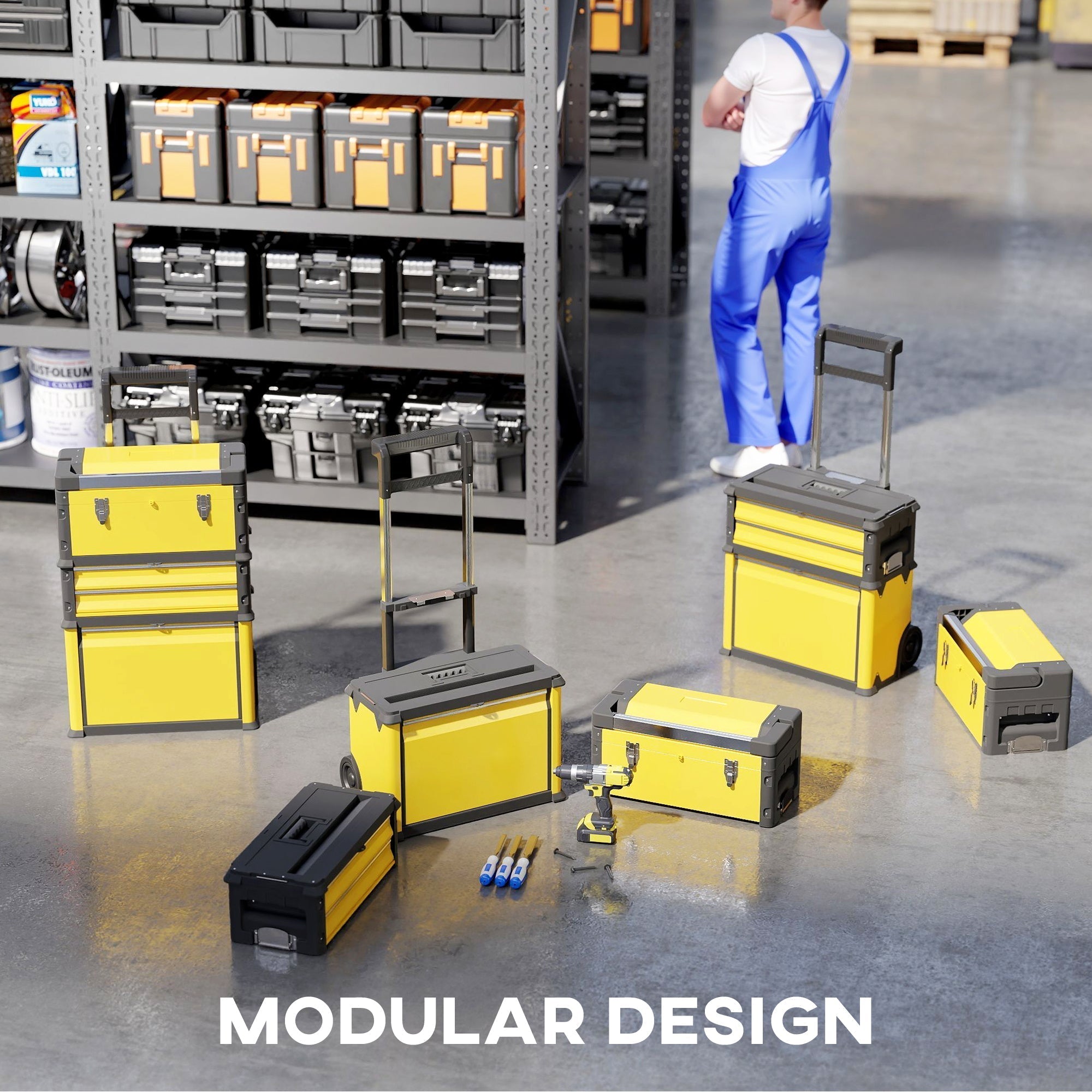 HOMCOM 3-in-1 Stackable Rolling Tool Box - Yellow