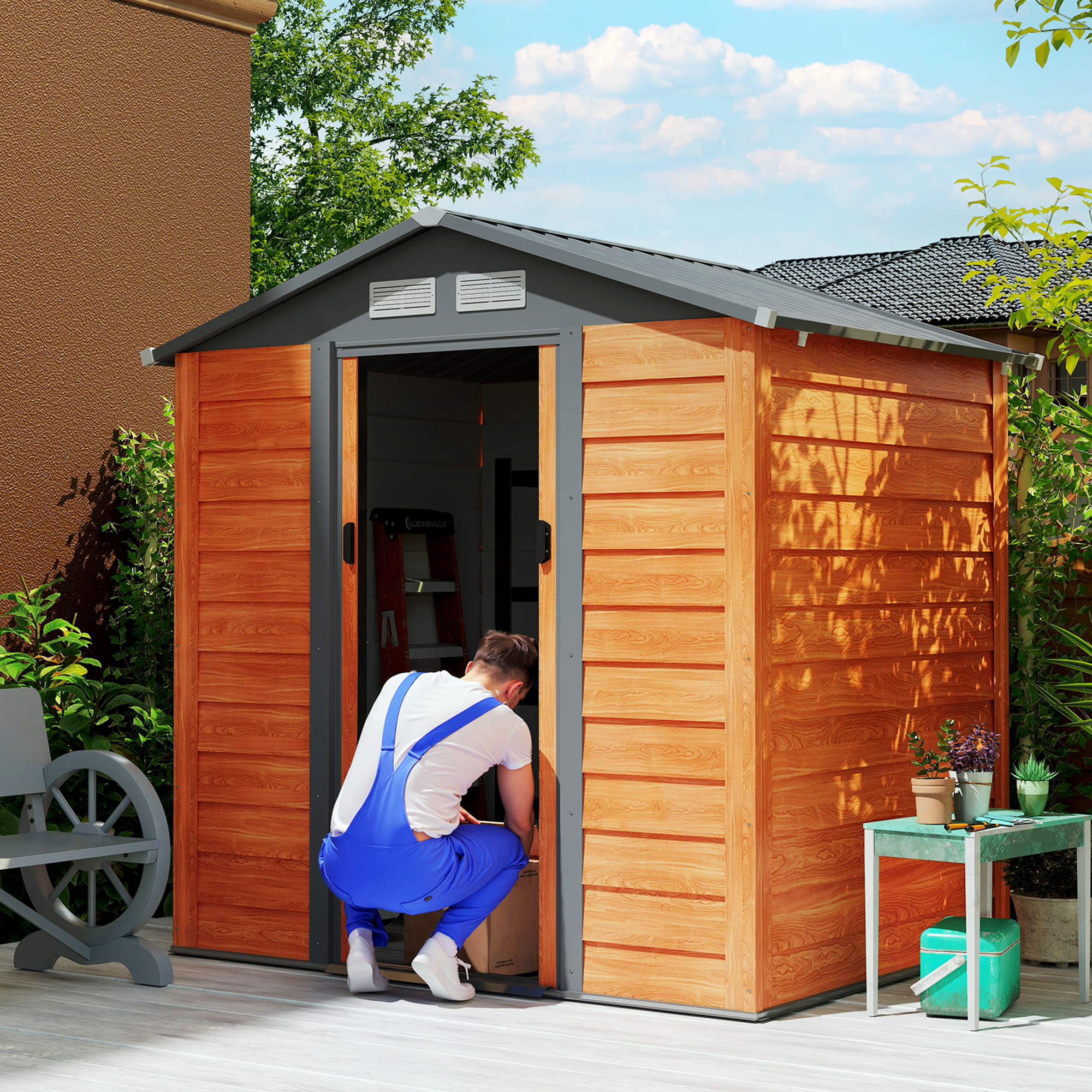 Outsunny 6.5 x 5ft Metal Garden Shed, House Hut Gardening Tool Storage with Ventilations, Sliding Door, Sloped Roof for Garden, Patio, Brown