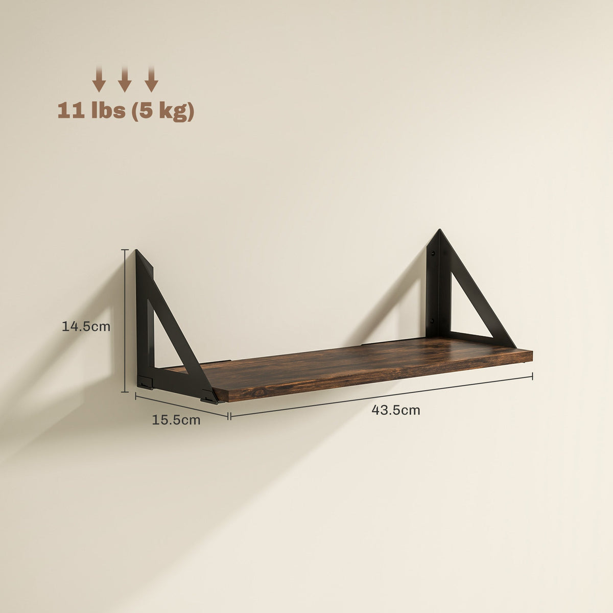 HOMCOM Set of 3 Wall Shelves, 43cm Vintage Wall Mounted Floating Shelves for Living Room, Entryway, Bedroom, Rustic Brown