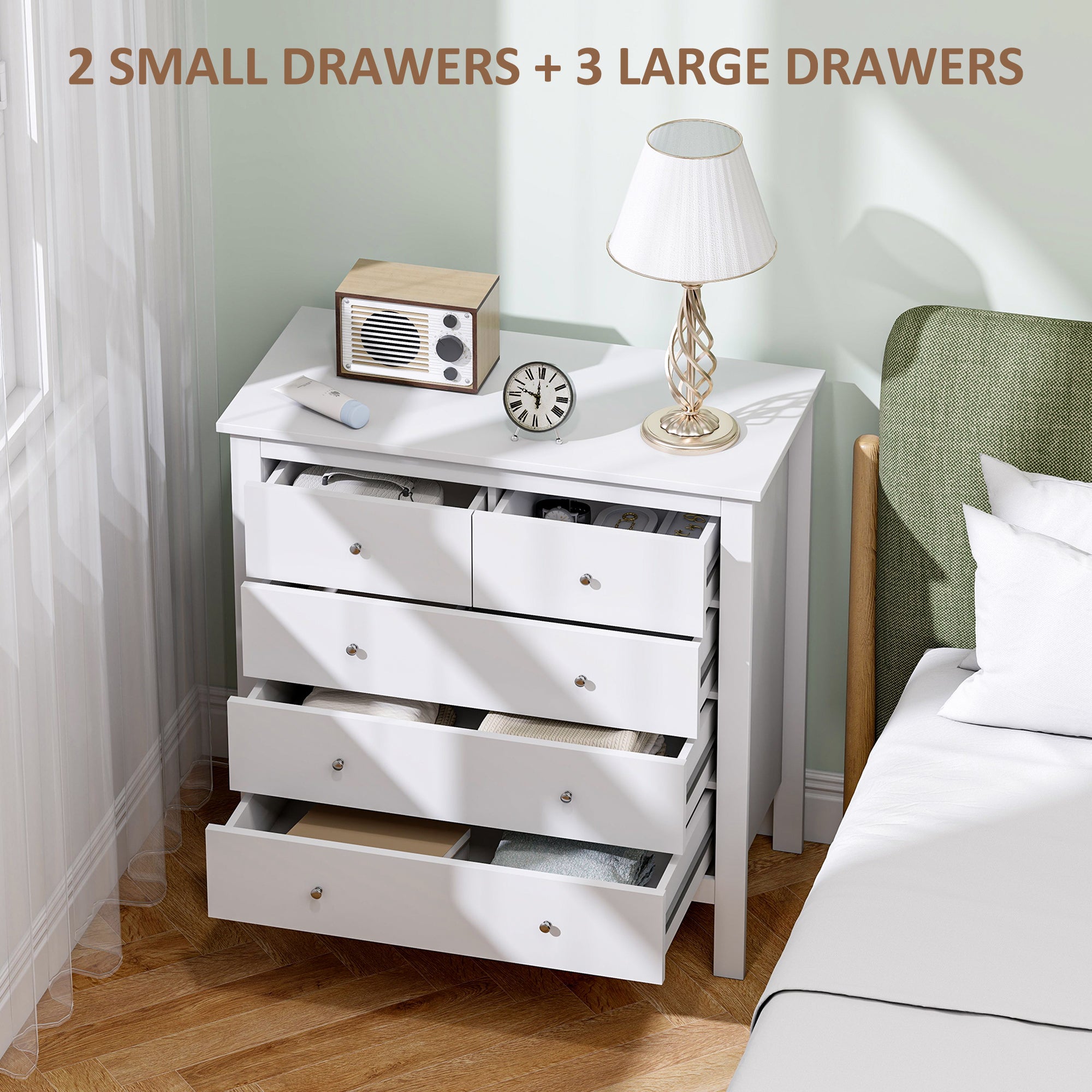 HOMCOM Modern Chest of Drawers, 5 Drawer Storage Cabinet with Metal Handles and Runners for Bedroom, White