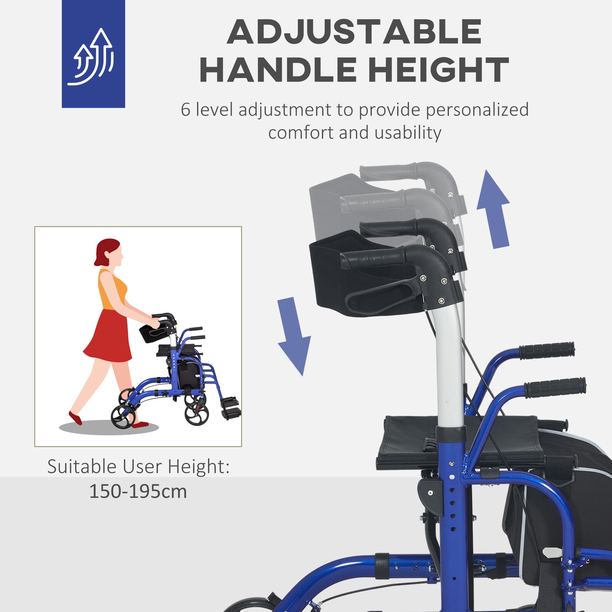 HOMCOM 2 in 1 Wheelchair Transport Chair & Folding Rollator Walker with Seat, Backrest, Footrest, Lightweight Walking Frame with Bag, Adjustable Height, 4 Wheeled Walker for Seniors, Pearl Blue