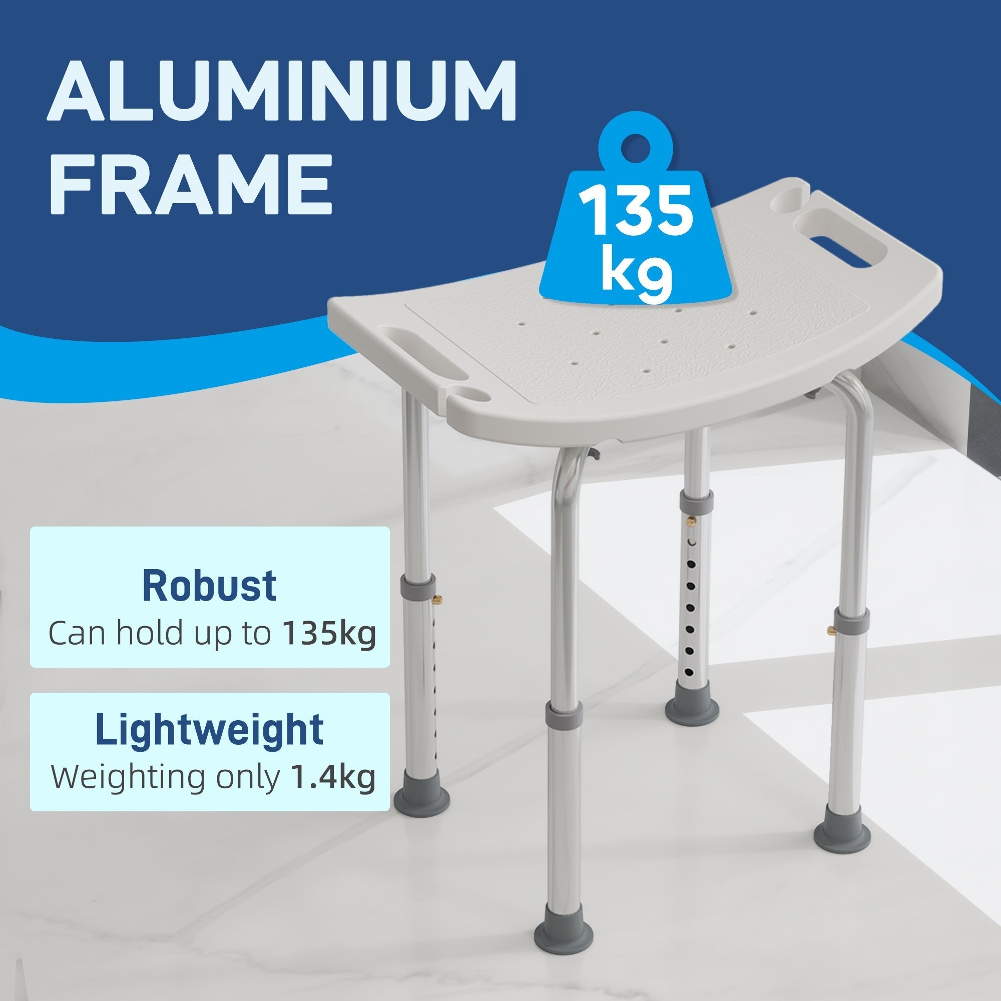 HOMCOM Height Adjustable Bath Stool, Aluminium Shower Stool with Non-Slip Pads for Elderly, Disabled, Seniors, Pregnant, White