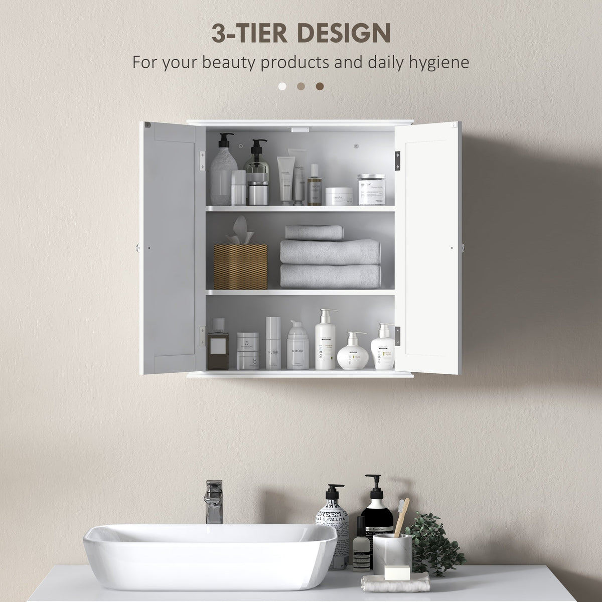 HOMCOM Bathroom Wall Cabinet, 3-Tier Wall-Mounted Bathroom Storage Cabinet with Adjustable Shelf, White