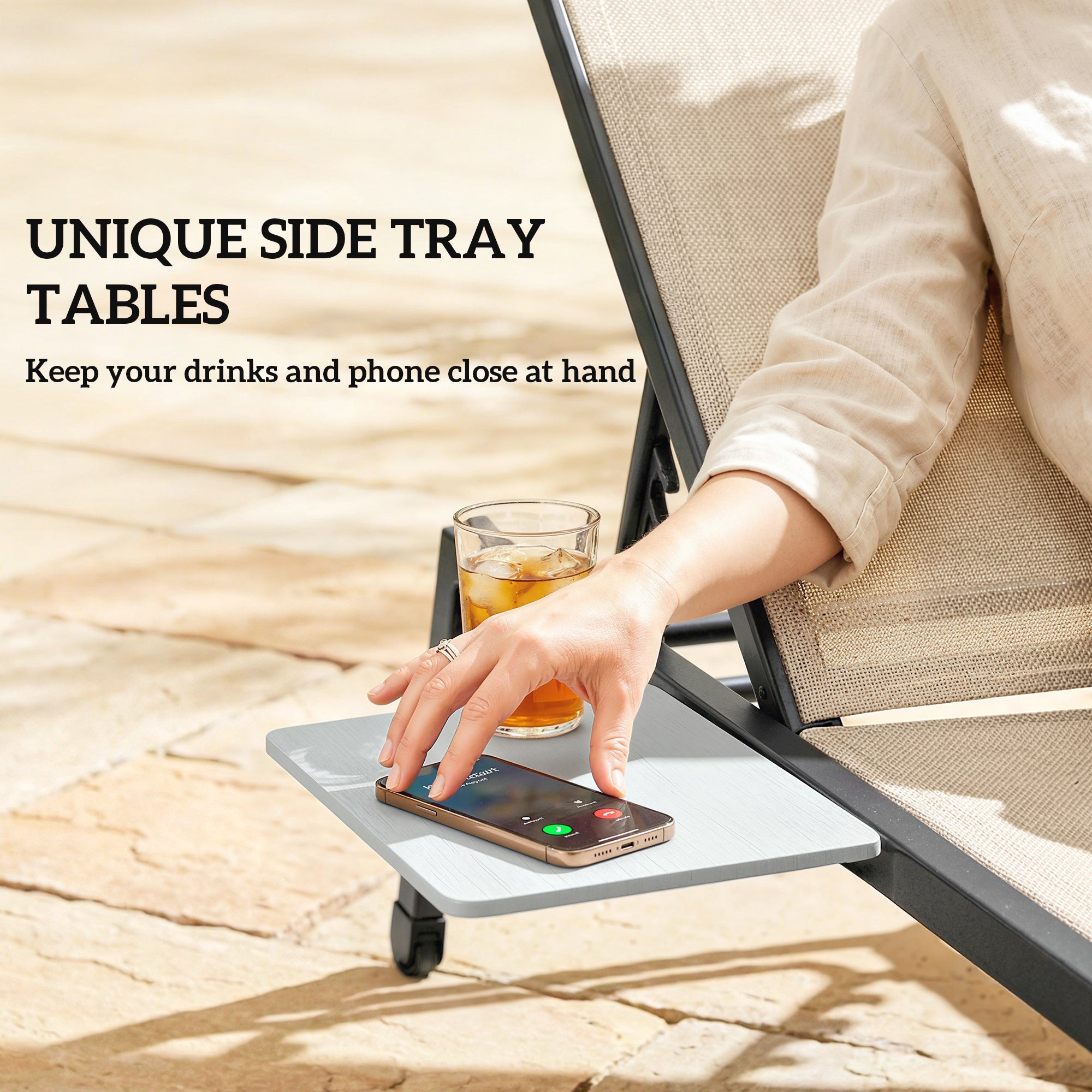 Outsunny Sun Loungers Set of 2 with Side Tray Table, Garden Recliners with 5-Position Adjustable Backrest, 2 Wheels, Khaki