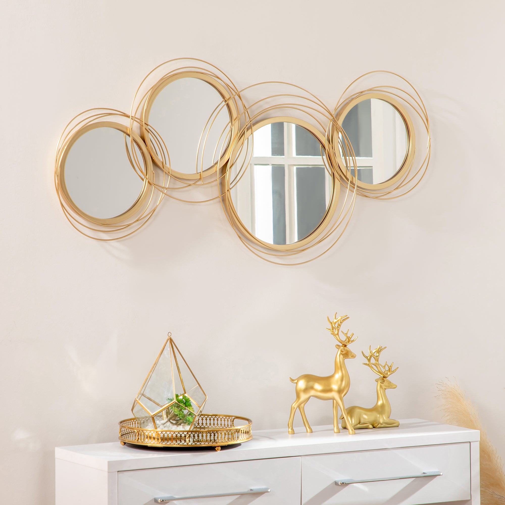 HOMCOM Metal Wall Mirrors, 107cm Modern Decorative Gold Mirror Decor Hanging, Home Wall Sculptures for Living Room Bedroom Dining Room
