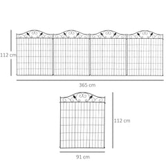Outsunny Set of 2 Decorative Garden Fence, 8 Panels Metal Picket Fence, Versatile Shapes for Patio Lawn, 365cm x 112cm, Black