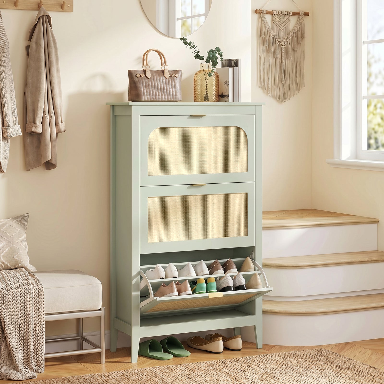 HOMCOM Narrow Shoe Cabinet, Boho Slim Shoe Storage Cabinet with 3 Flip Drawers, Holds 21 Pairs, Light Green