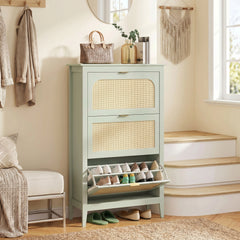 HOMCOM Narrow Shoe Cabinet, Boho Slim Shoe Storage Cabinet with 3 Flip Drawers, Holds 21 Pairs, Light Green