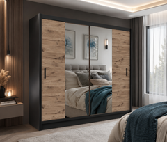 Black / Oak Viking Mirrored Sliding Door Wardrobe 203cm – CHESTER 2