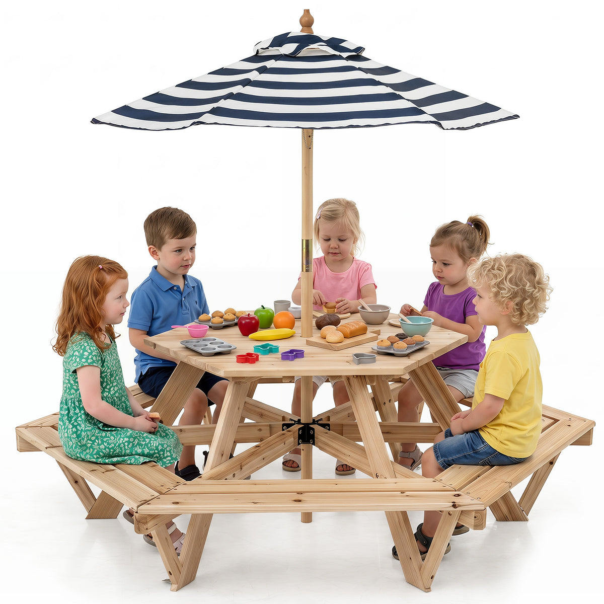 Children Activity Table with Chairs and Umbrella for Backyard or Patio Use-Natural
