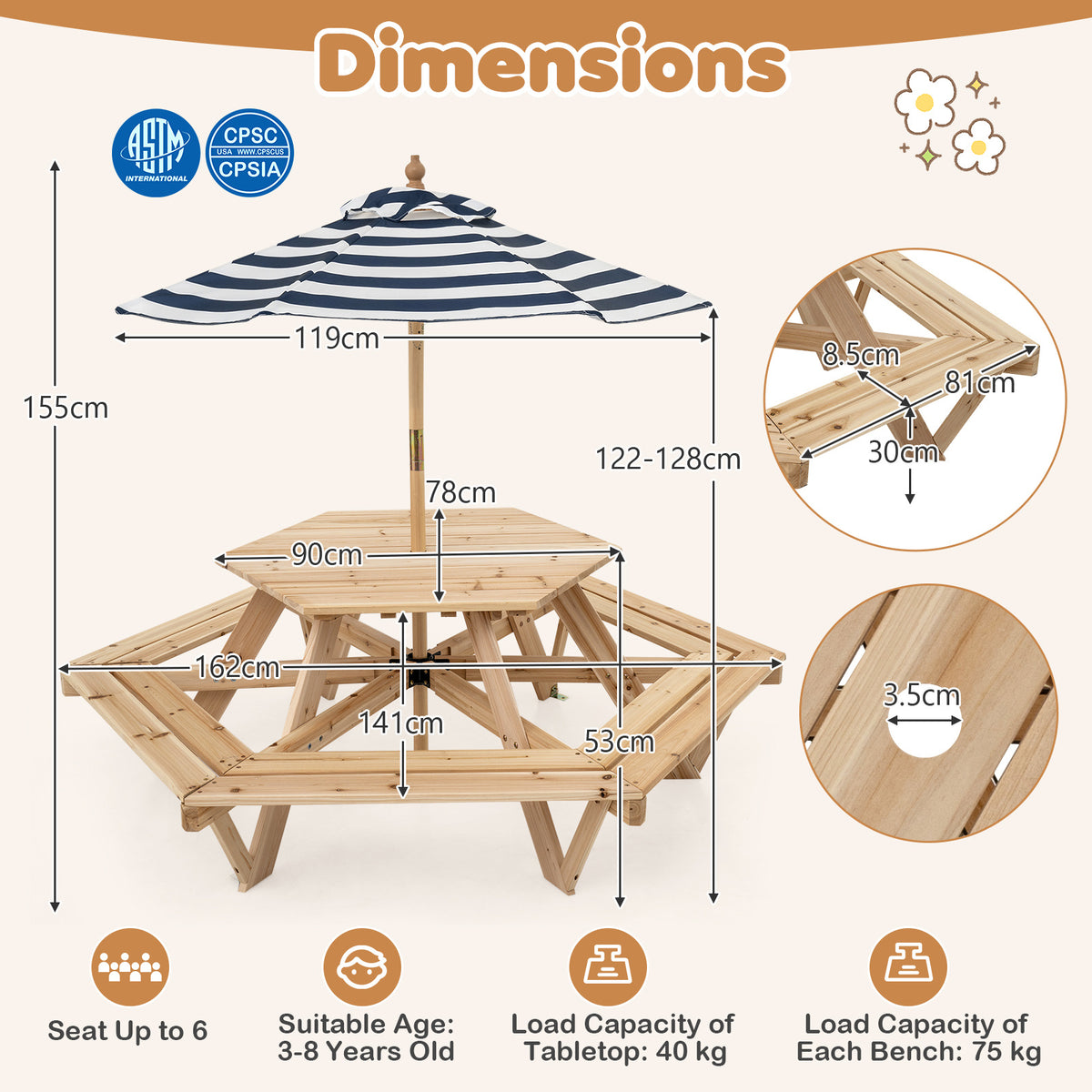 Children Activity Table with Chairs and Umbrella for Backyard or Patio Use-Natural