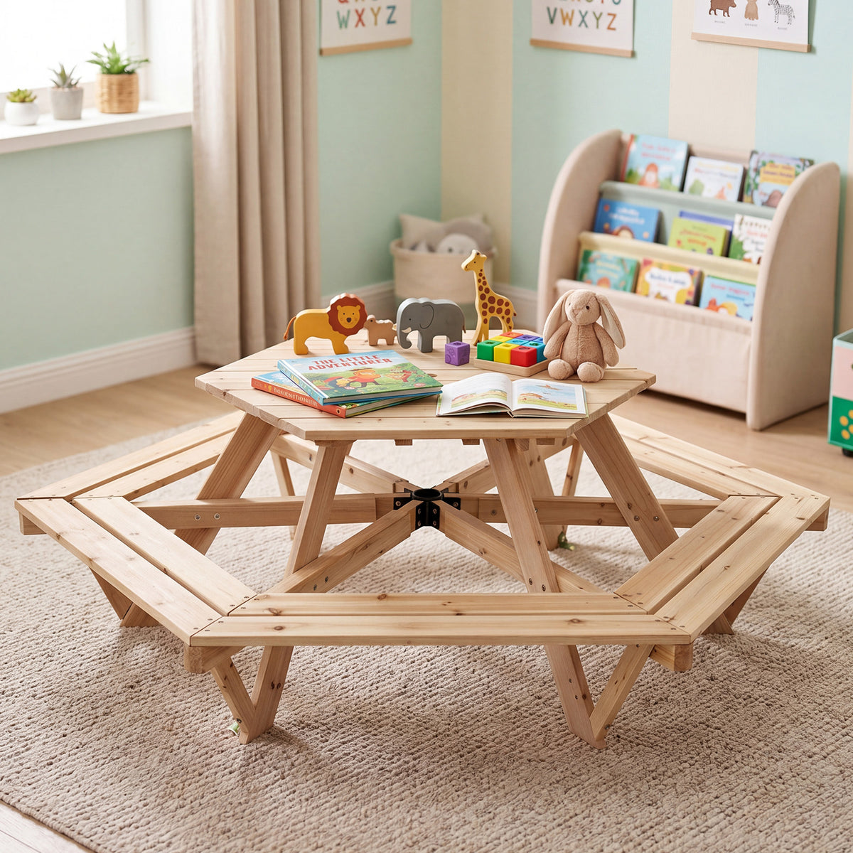 Children Activity Table with Chairs and Umbrella for Backyard or Patio Use-Natural