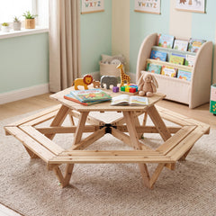 Children Activity Table with Chairs and Umbrella for Backyard or Patio Use-Natural