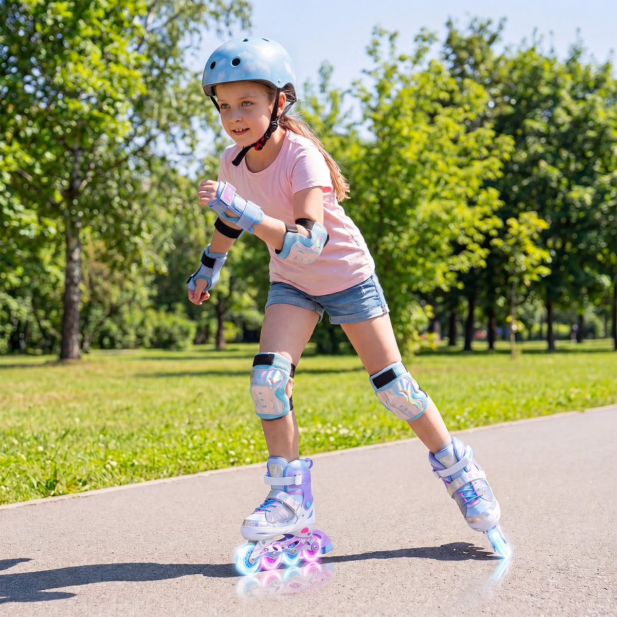 Children Roller Blades with Full Light Up PU Wheels and Brake for Beginners-Blue