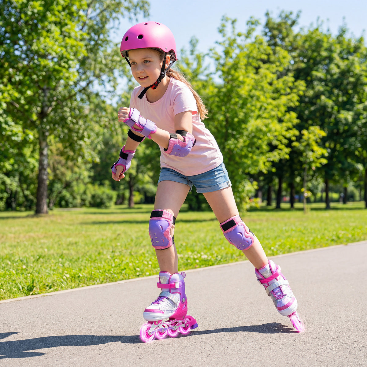 Children Roller Blades with Full Light Up PU Wheels and Brake for Beginners-Pink