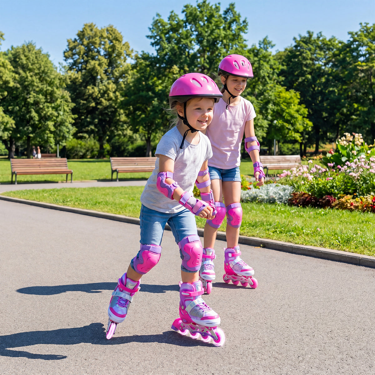 Children Roller Blades with Full Light Up PU Wheels and Brake for Beginners-Pink