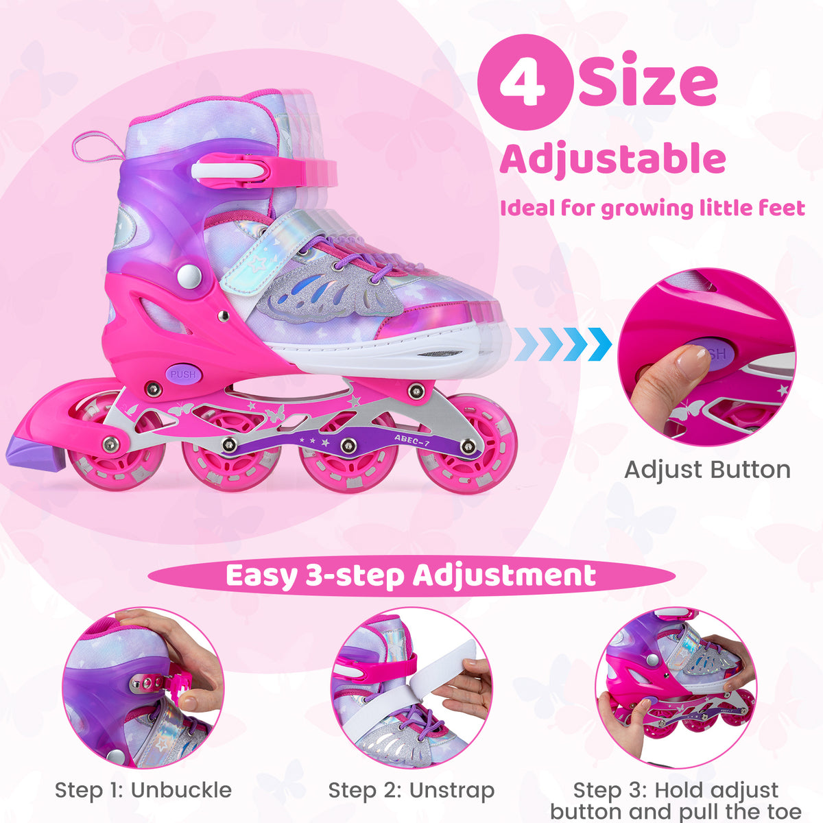 Children Roller Blades with Full Light Up PU Wheels and Brake for Beginners-Pink