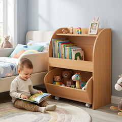 Children's Toy Storage Shelf with 2 Open Shelves and a Wheeled Drawer for Children's Bedroom-Natrual
