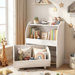 Children's Toy Storage Shelf with 2 Open Shelves and a Wheeled Drawer for Children's Bedroom-White