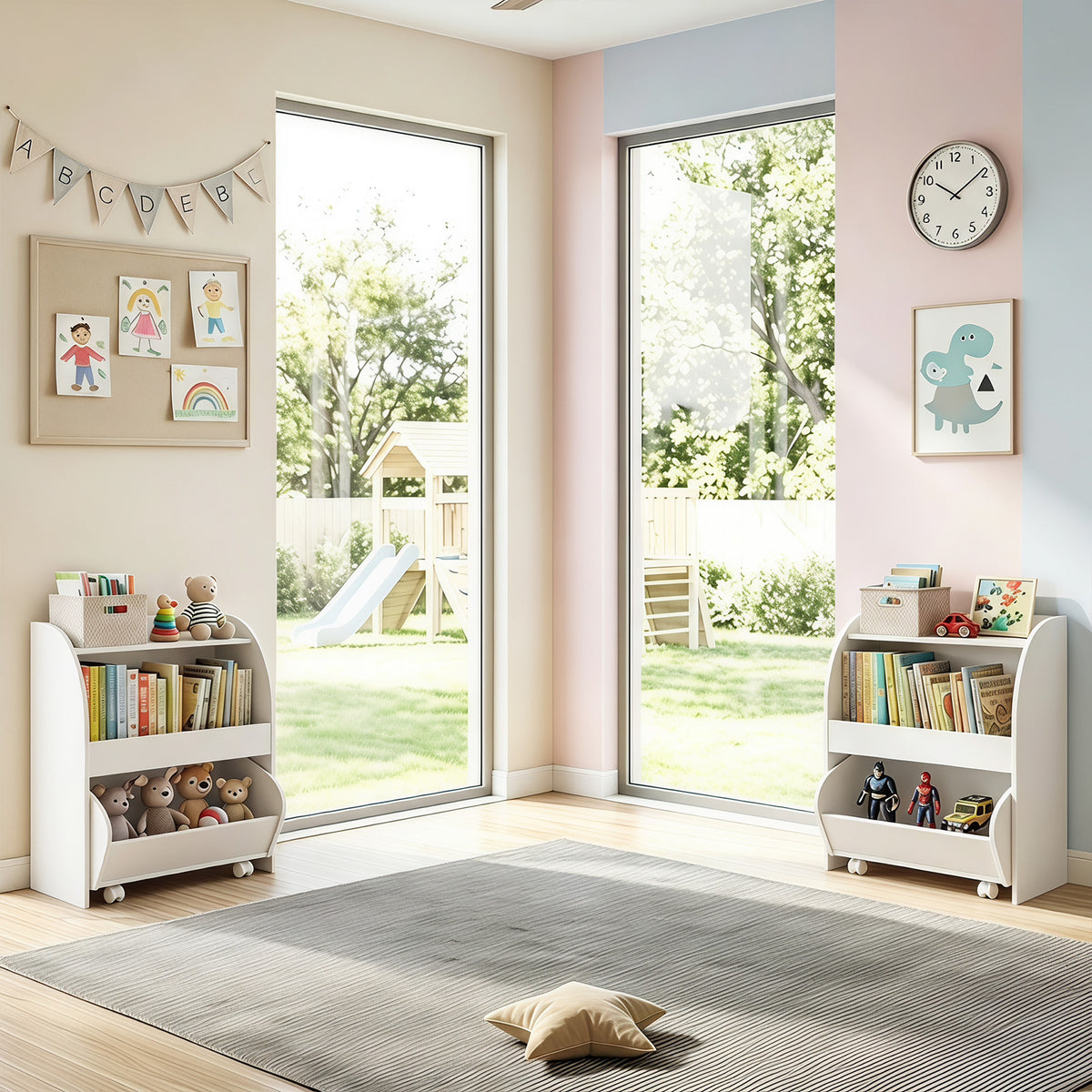 Children's Toy Storage Shelf with 2 Open Shelves and a Wheeled Drawer for Children's Bedroom-White
